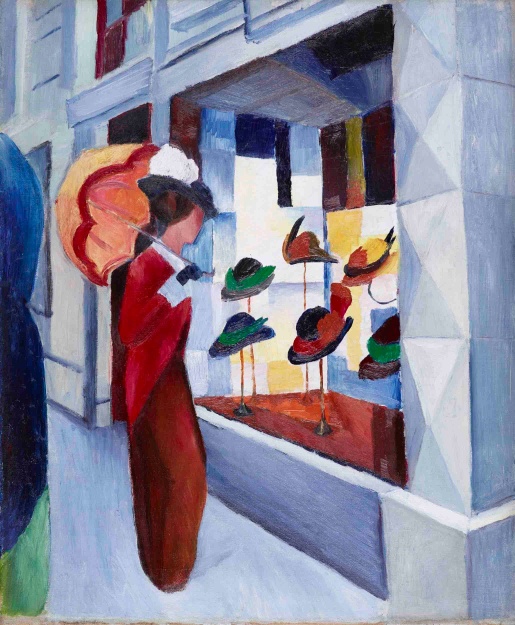 August Macke, "Mode - Frau mit Sonnenschirm vor Hutladen", 1914 